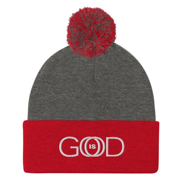 God is Good pom-pom-knit-cap-dark-heather-grey-red-front