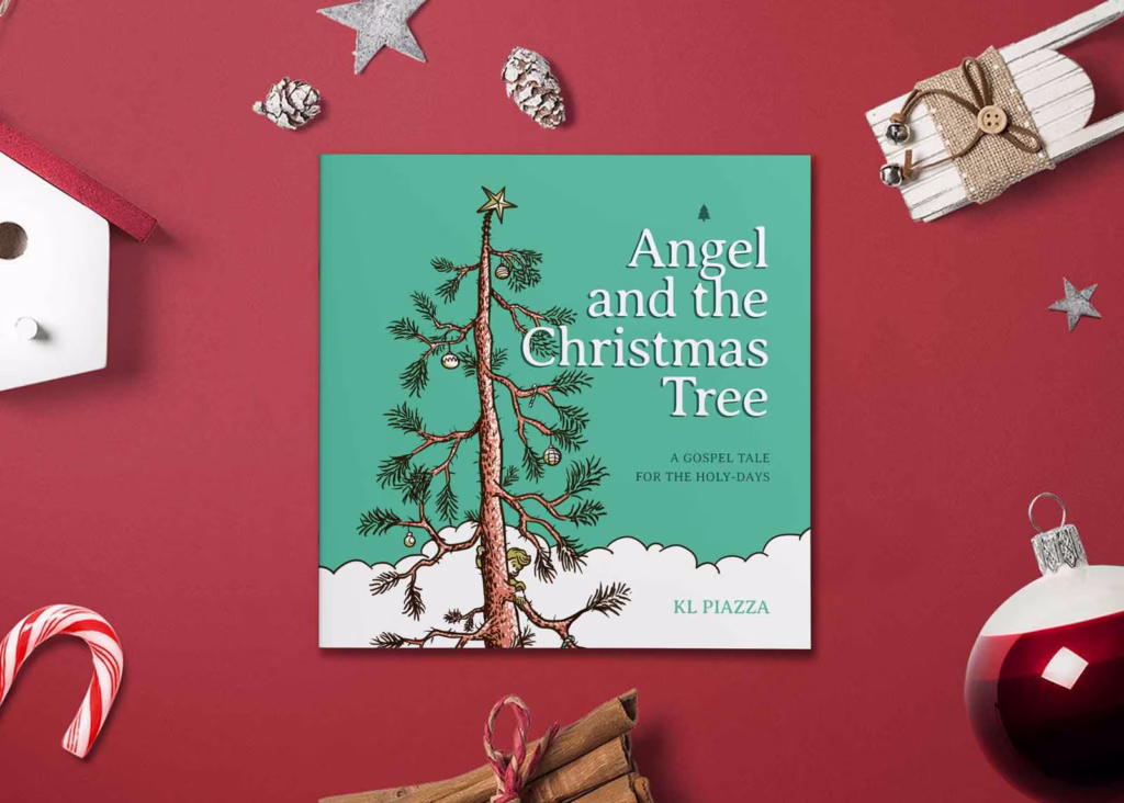 Angel and the Christmas Tree kids Christmas story book sitting on festive table