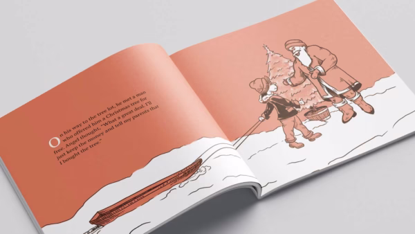 Angel and the Christmas Tree Kids Book open to the Sled Spread