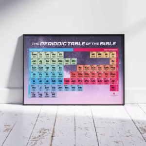 Periodic Table of the Bible Framed Poster Sitting on Old Wood Floor