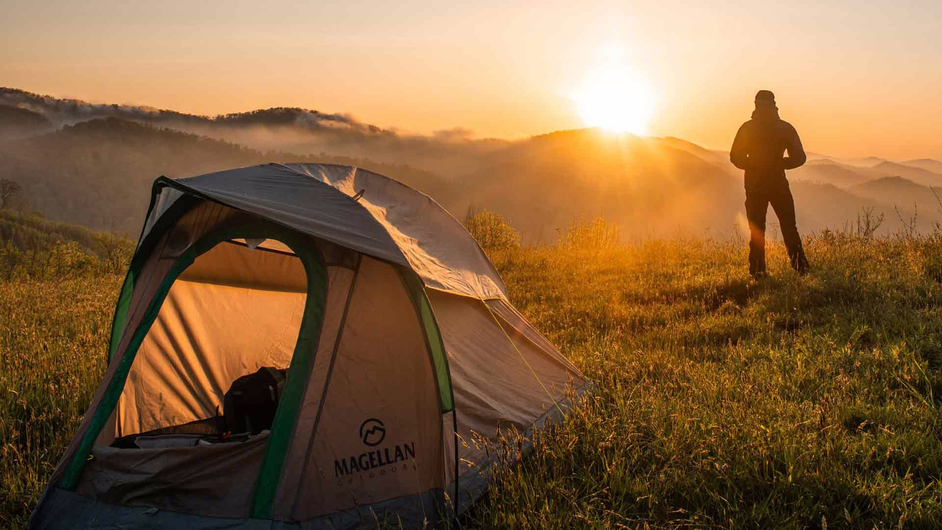 Man Tent Camping on Mountain with Sun Rising Glorify God & Enjoy Him Forever With Reformed Shirt