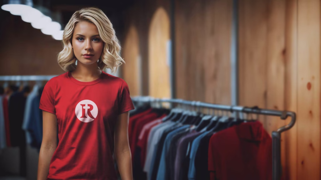 Reformed Shirt Girl Wearing Red Icon Logo Shirt in a Store with Shirt Racks