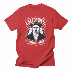 john calvins bookstore emporium vintage logo reformed shirt co