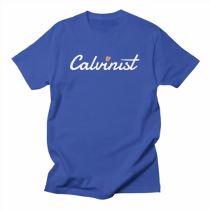 calvinist signature typography on blue shirt reformed shirt co